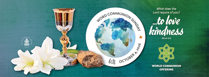 World Communion Sunday banner with globe and chalice.