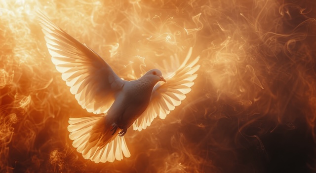 white dove soaring through orange smoke